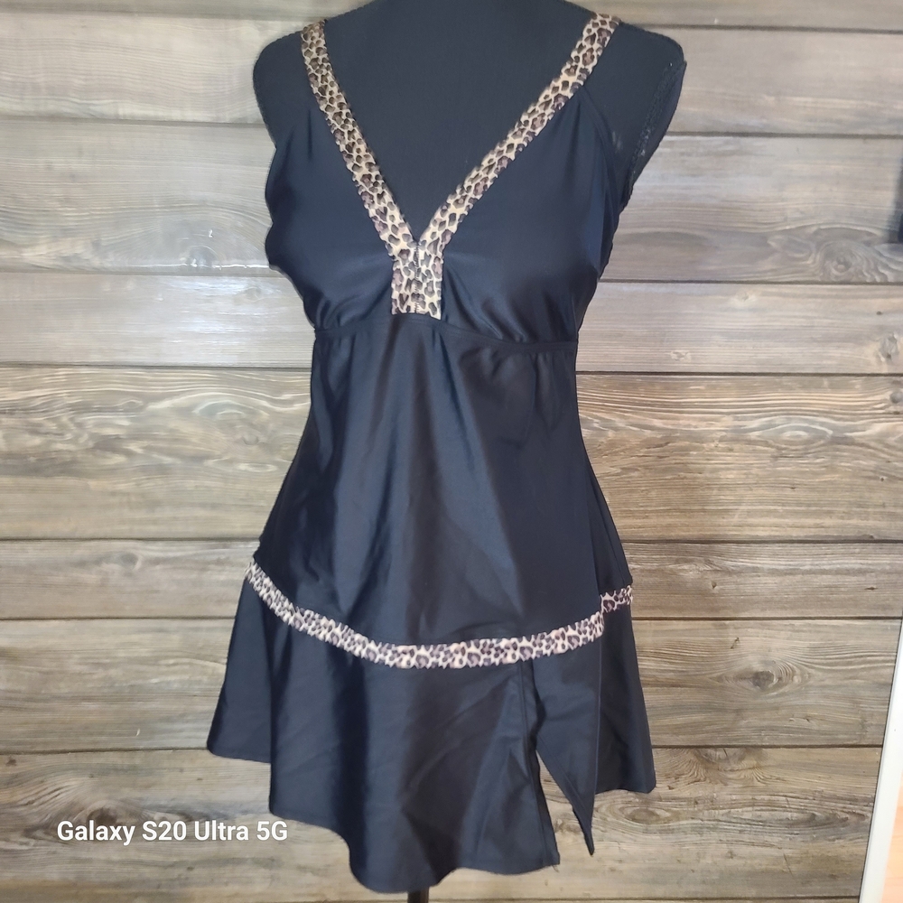 Black Swim Dress with Leopard Accent and V-Neck